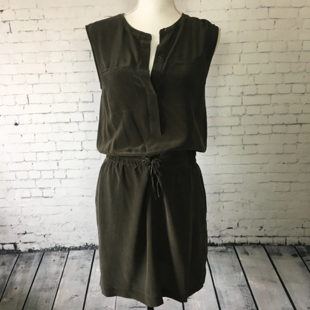 Theory Silk Military Green Sleeveless Shirt Dress